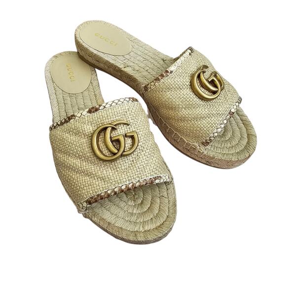 Gucci GG Marmont Raffia Espadrille Flat Slide Sandal Beige Brown 37.5 US 7.5 - Picture 6 of 12